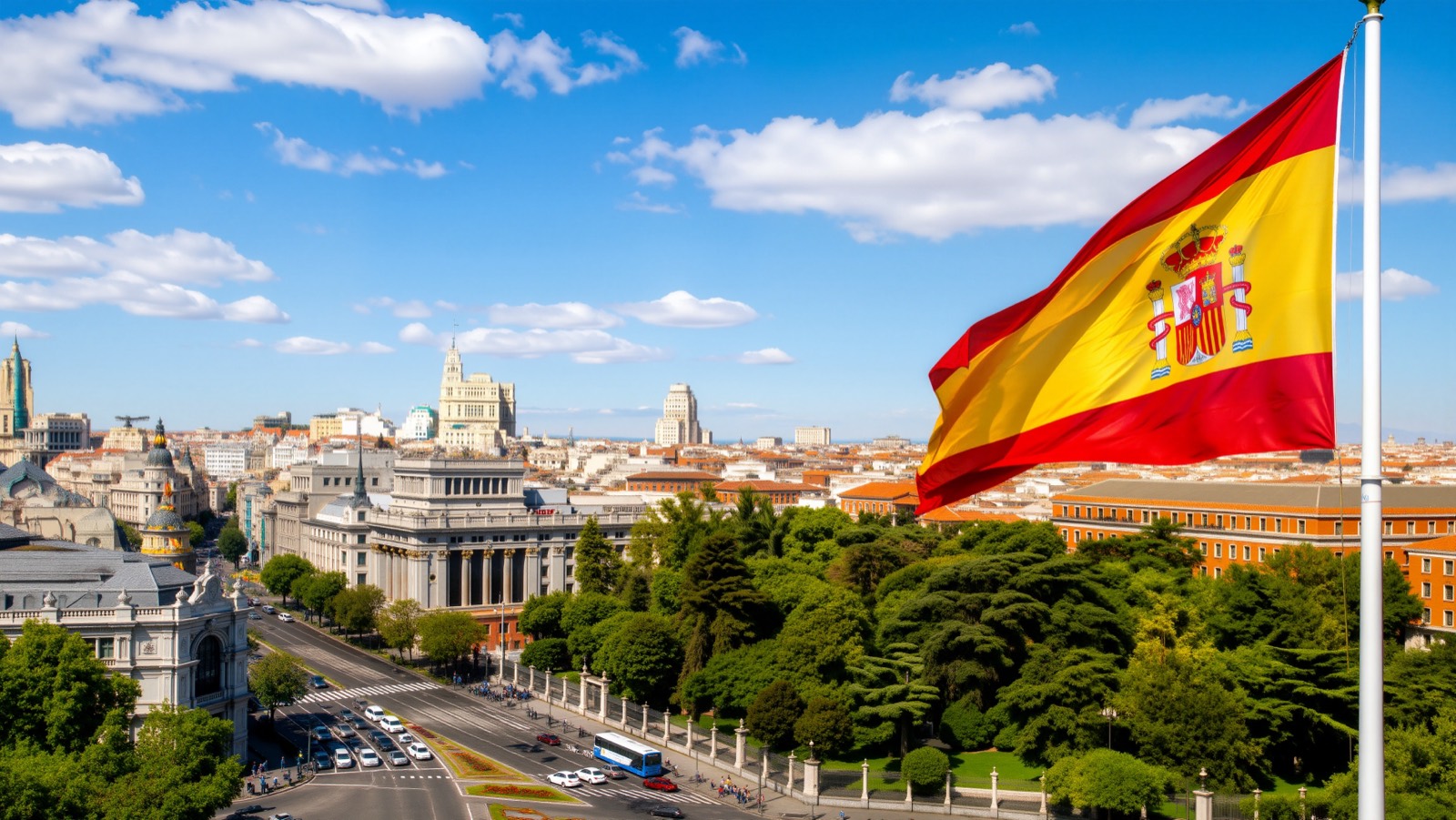 Madrid — a city panorama and the Spanish flag