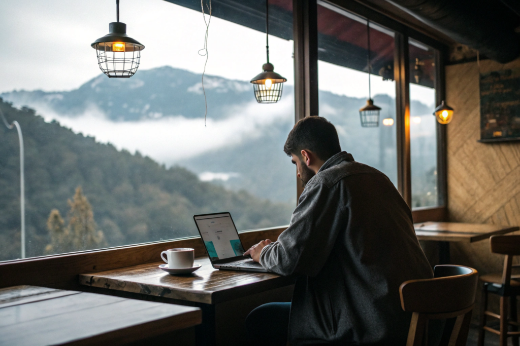 Необходимый заработок для цифрового кочевника - работа с ноутбуком и красивым видом