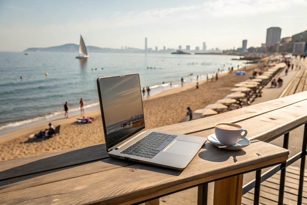 Ноутбук на столе с видом на Испанию